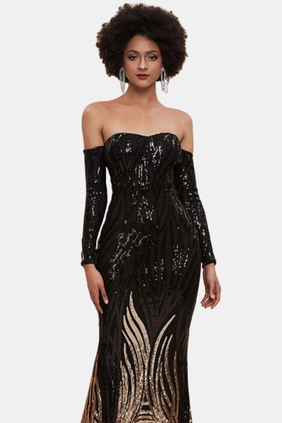 Liora | Off-Shoulder Black & Gold Sequin Mermaid Evening Dress