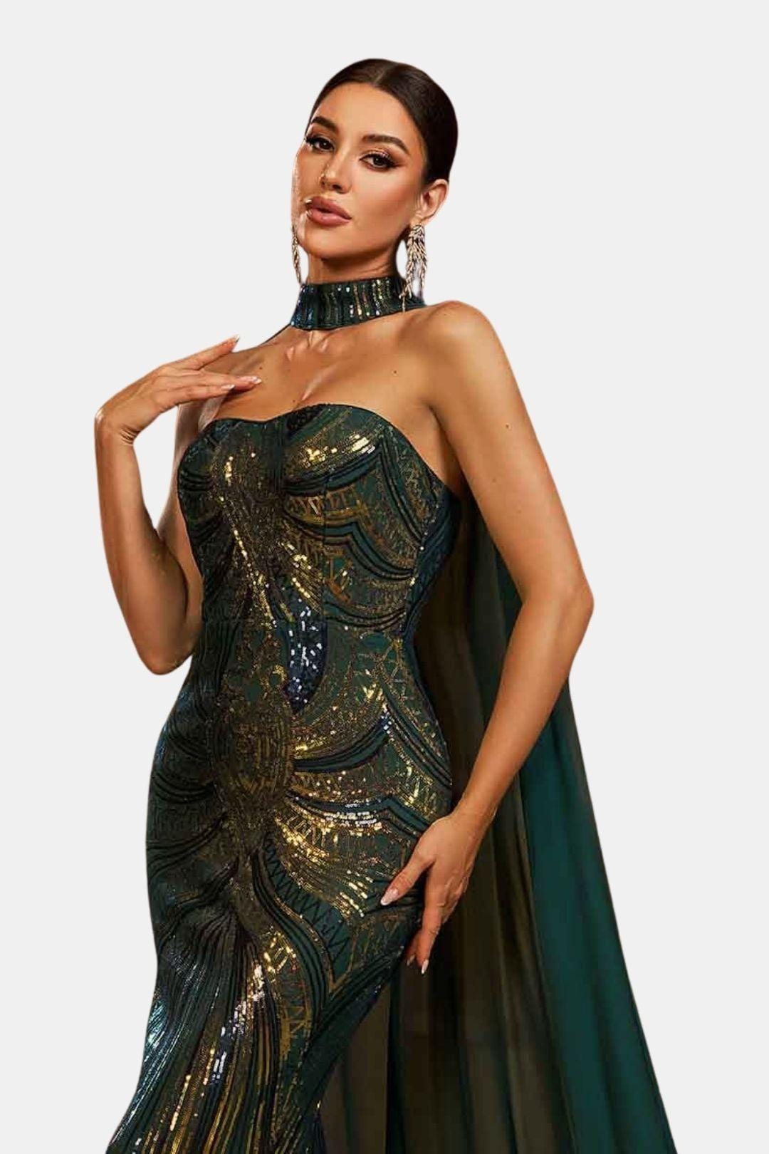 Lumiera | Sequin Cape Mermaid Evening Dress