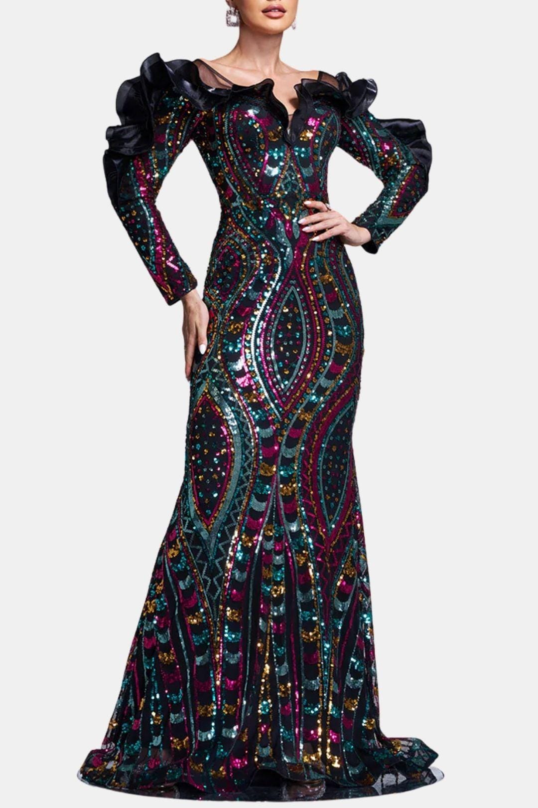 Arvenna | Ruffled Off-Shoulder Sequin Mermaid Evening Dress