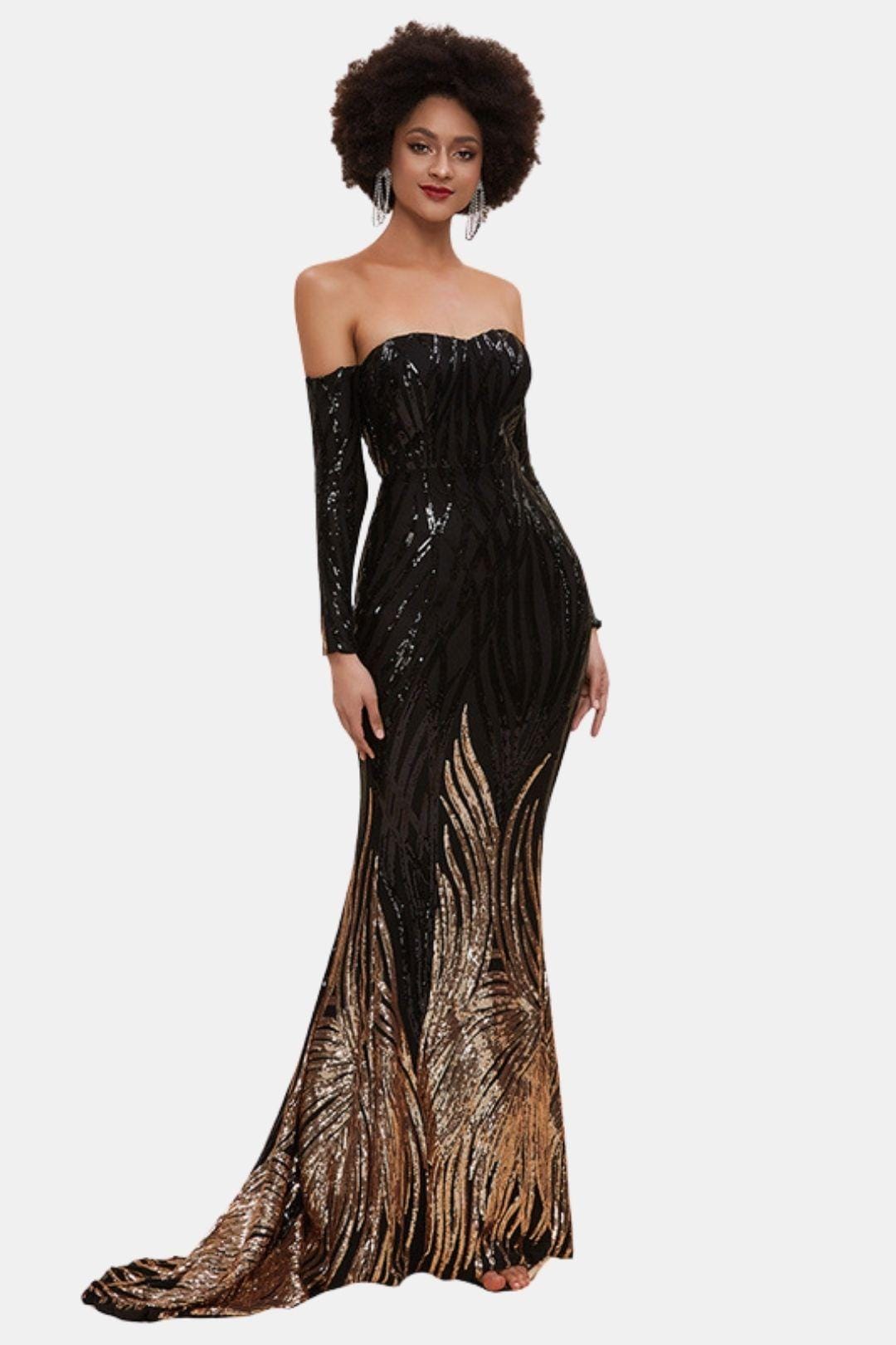 Liora | Off-Shoulder Black & Gold Sequin Mermaid Evening Dress