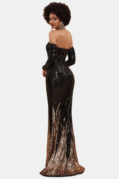 Liora | Off-Shoulder Black & Gold Sequin Mermaid Evening Dress