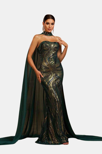 Lumiera | Sequin Cape Mermaid Evening Dress