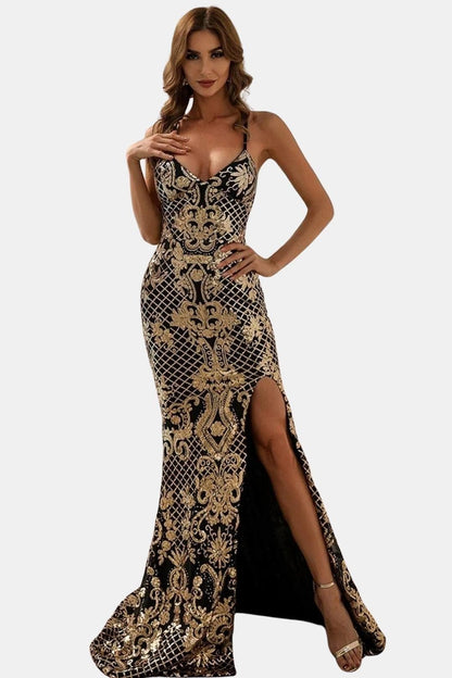 Alvaria | Baroque Sequin Backless Maxi Dress