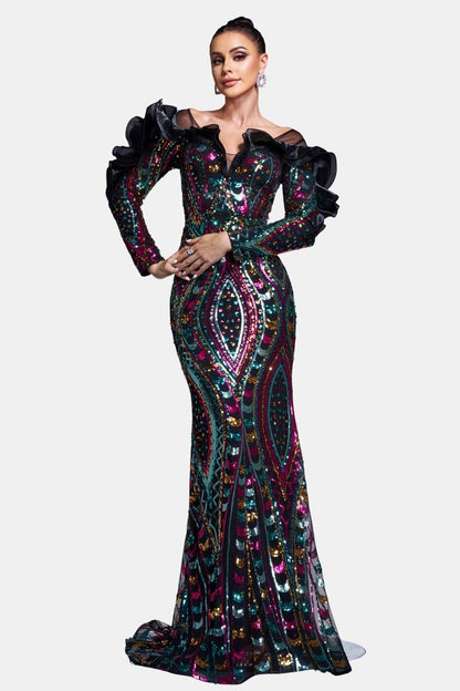 Arvenna | Ruffled Off-Shoulder Sequin Mermaid Evening Dress