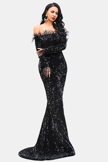 Elanora | Off-Shoulder Feather Sequin Mermaid Evening Dress