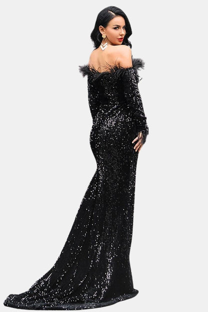 Elanora | Off-Shoulder Feather Sequin Mermaid Evening Dress
