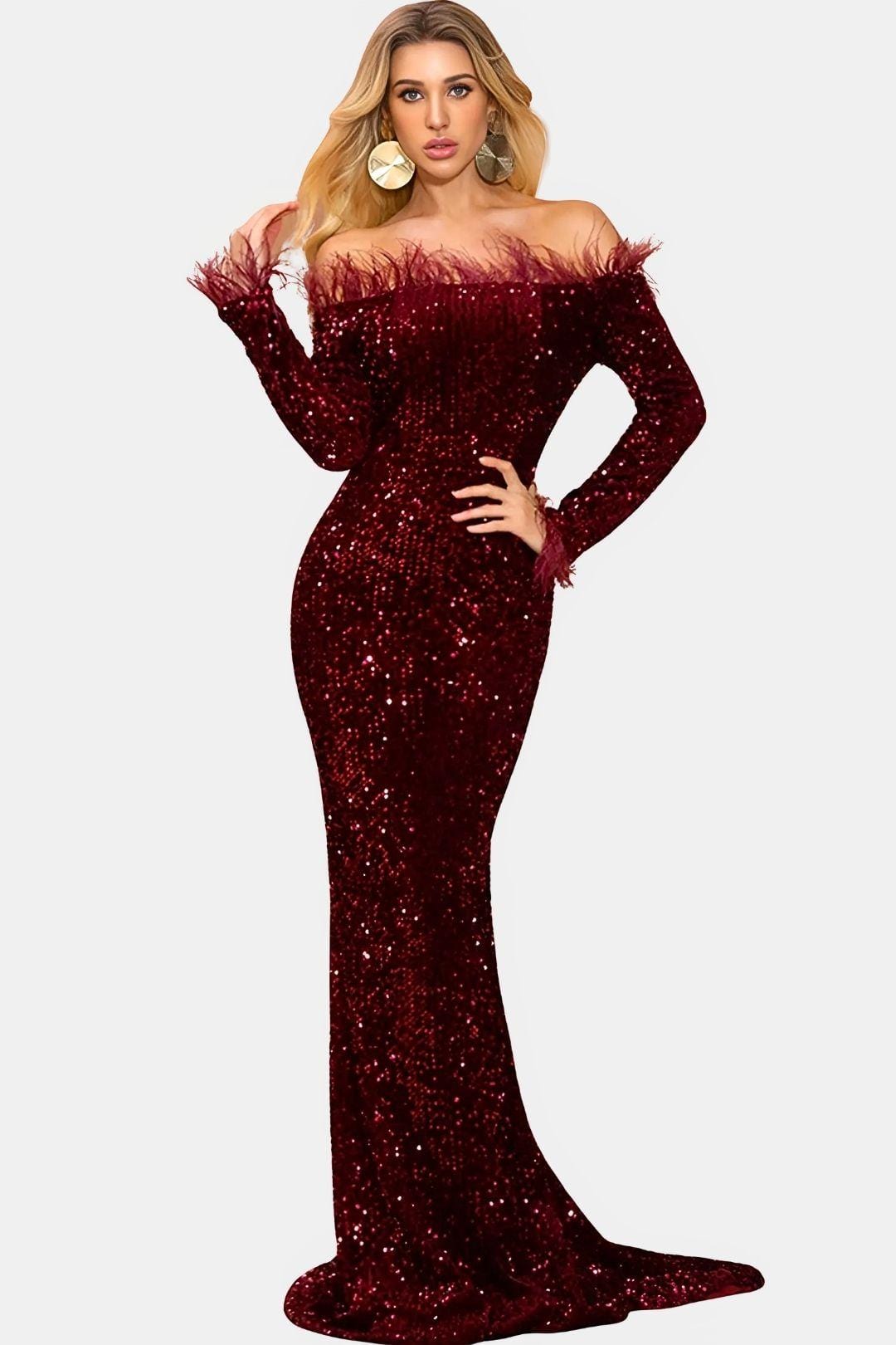 Elanora | Off-Shoulder Feather Sequin Mermaid Evening Dress