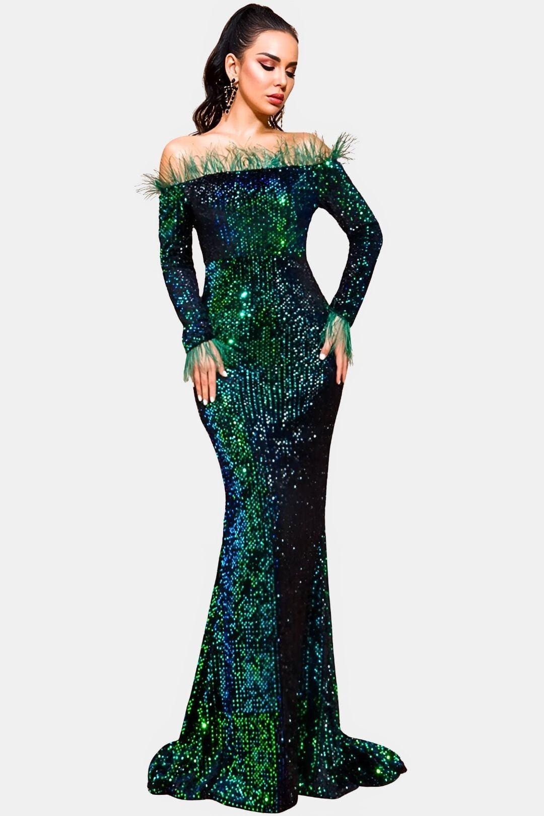 Elanora | Off-Shoulder Feather Sequin Mermaid Evening Dress