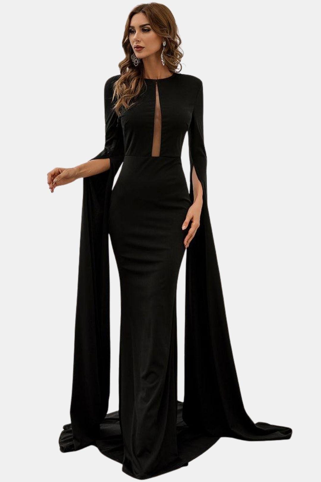 Arvenya | Cape Sleeve Cutout Black Mermaid Evening Dress