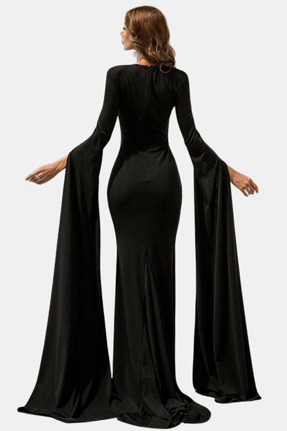 Arvenya | Cape Sleeve Cutout Black Mermaid Evening Dress