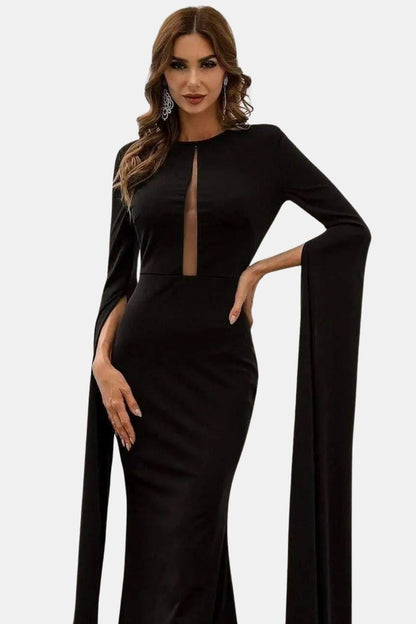 Arvenya | Cape Sleeve Cutout Black Mermaid Evening Dress